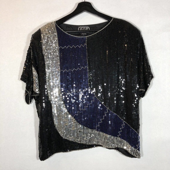 Vintage JLB Silk Sequin Blouse Size Medium Black Silver Blue Top 80s Eras Tour - Picture 7 of 7